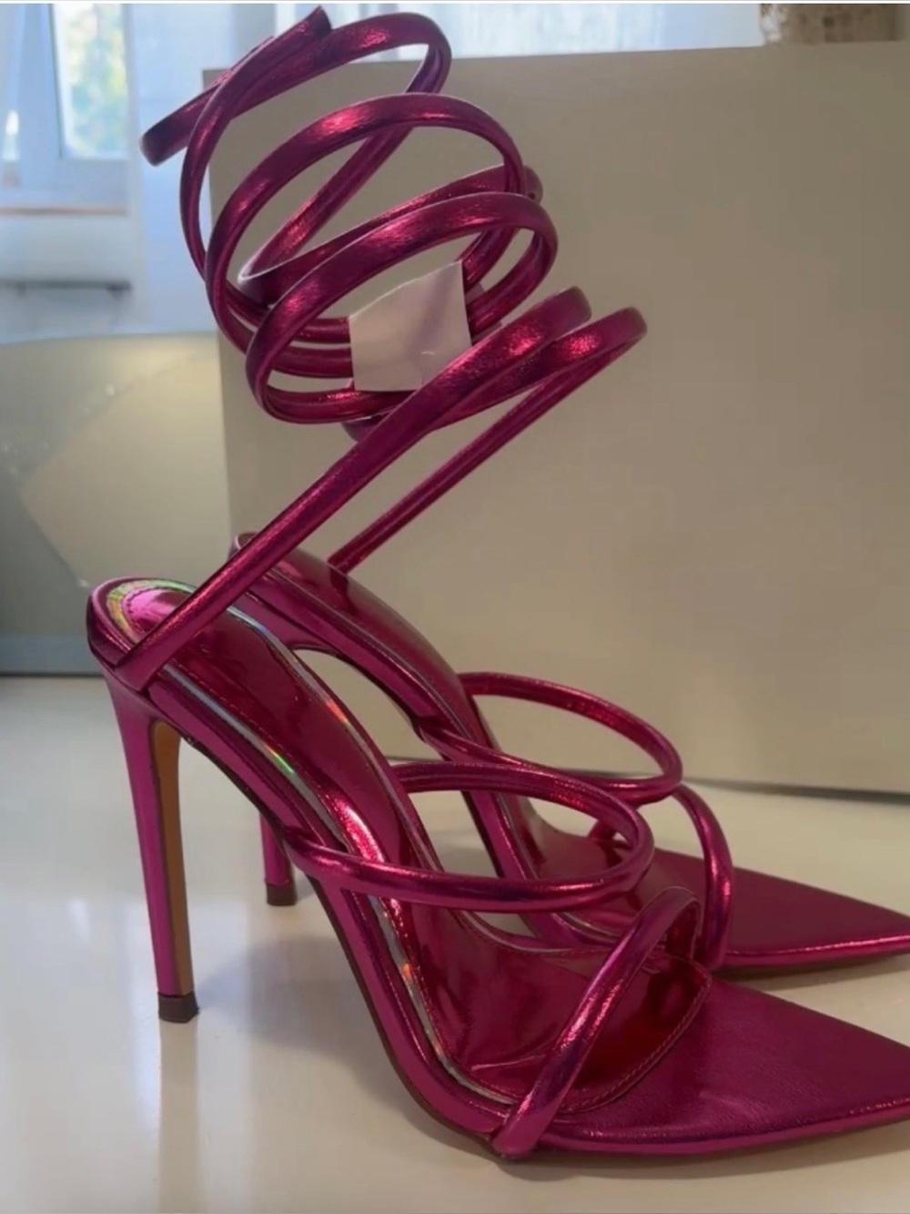 MISS LOLA PINK NATHALIE AROUND THE ANKLE COIL SPIRAL HIGH HEELS - SIZE 6.5